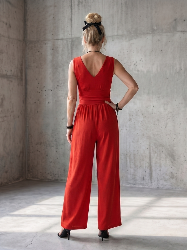 Deep V Neck Sleeveless Jumpsuit for Women Wide Leg Defined Waist