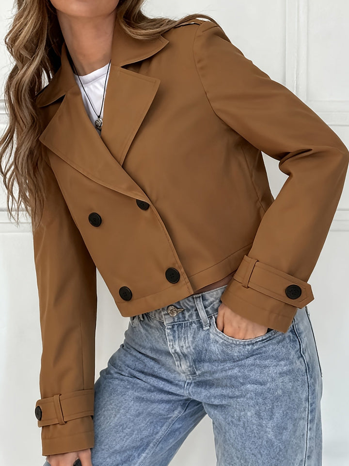 Brown Cropped Pea Coat for Women - Double Breasted Short Winter Coat