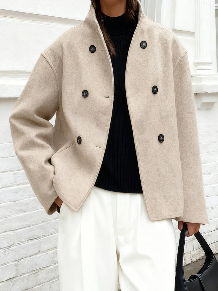 Cropped Wool Pea Coat for Women - Double Breasted Stand Collar Coat