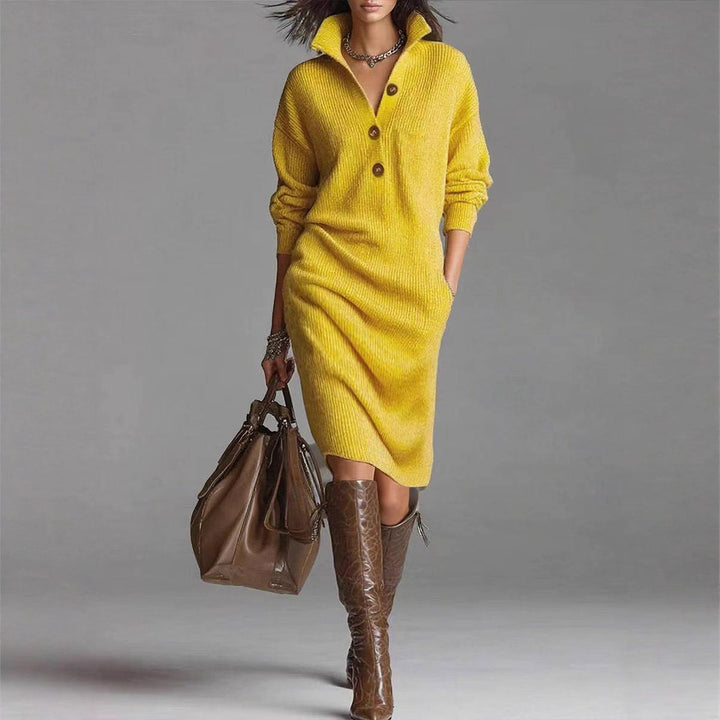 Button V-Neck Standing Collar Sweater Dress for Women - side view