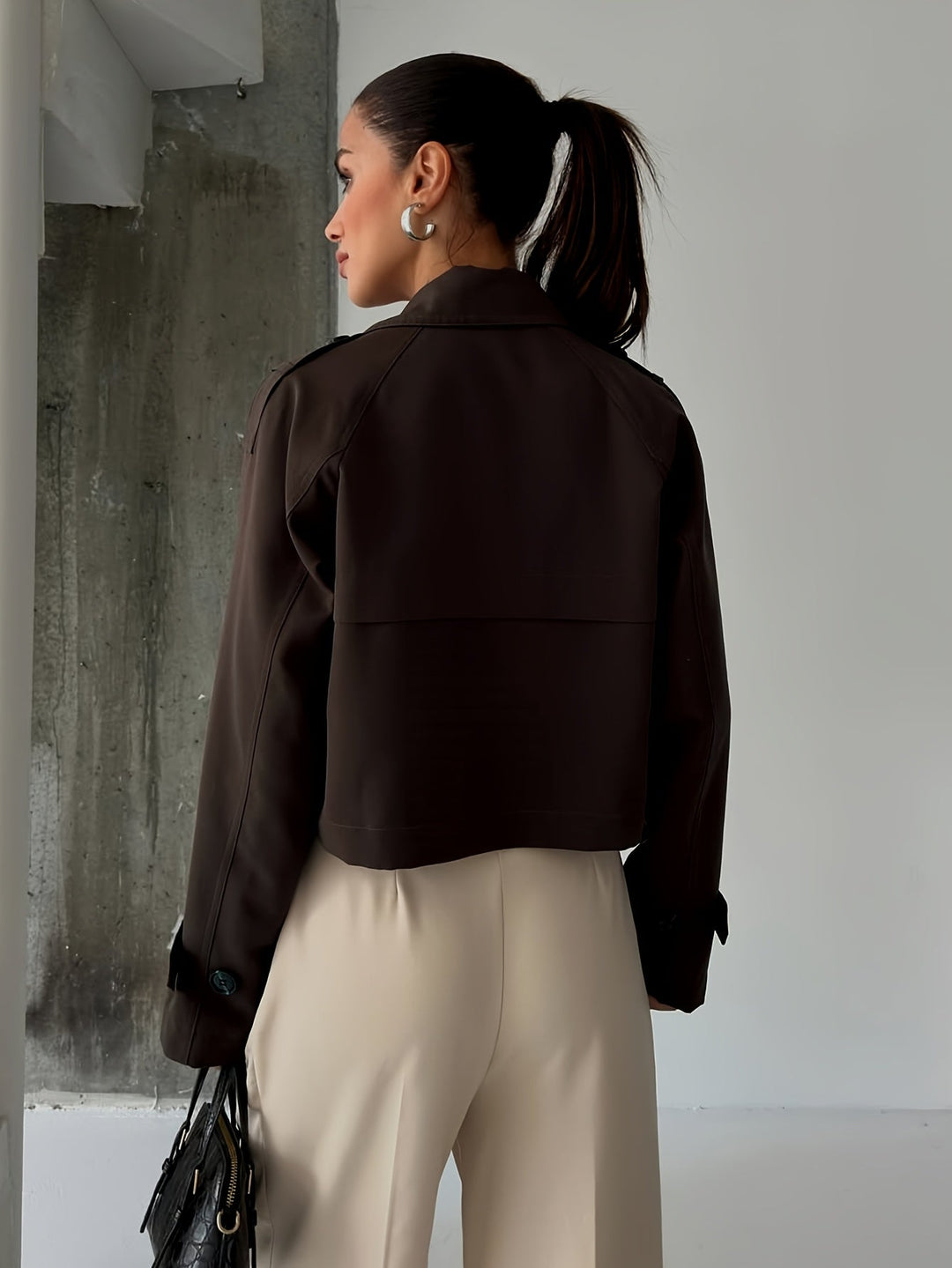 Coffee Brown Cropped Pea Coat for Women - Double Breasted Short Coat