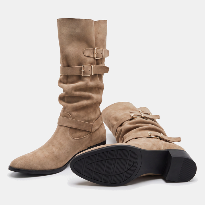 Women's triple buckle knee-high slouch boots in khaki - view 3