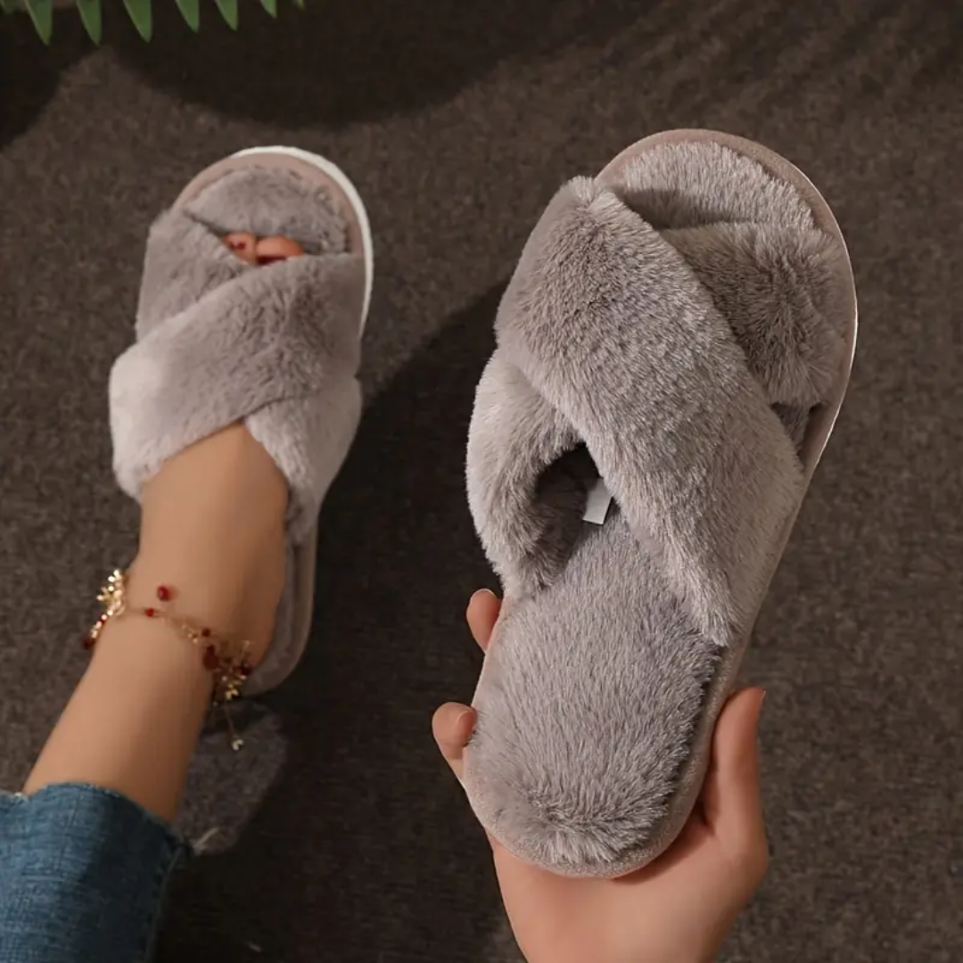 Criss Cross Fuzzy Slippers for Women Cushioned Sole Non Slip