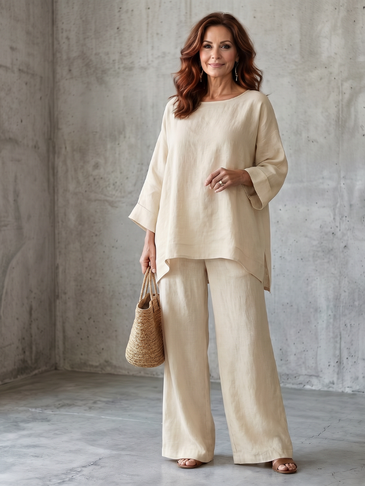 Oversized Tunic Wide Leg Pant Set for Women - Beige