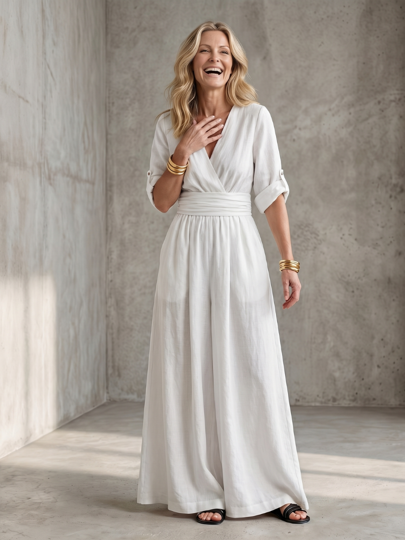 Cross Front Wide Leg Jumpsuit for Women Elbow Sleeve Defined Waist