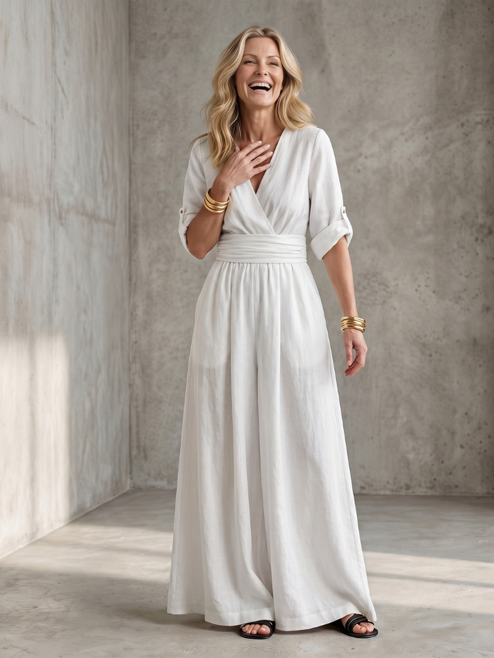Cross Front Wide Leg Jumpsuit for Women Elbow Sleeve Defined Waist