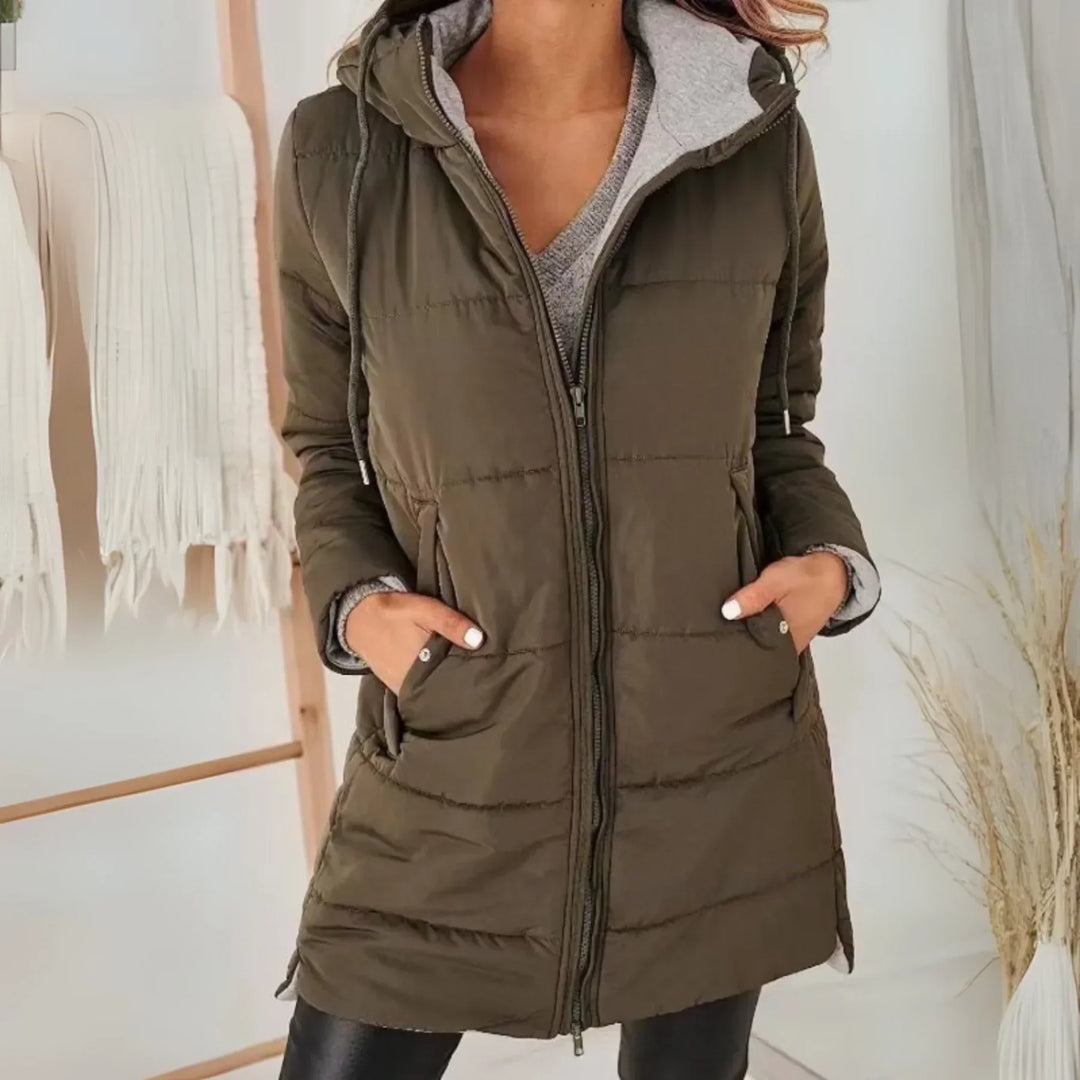 Hooded Longline Puffer Jacket for Women - Drawstring Waist Coat