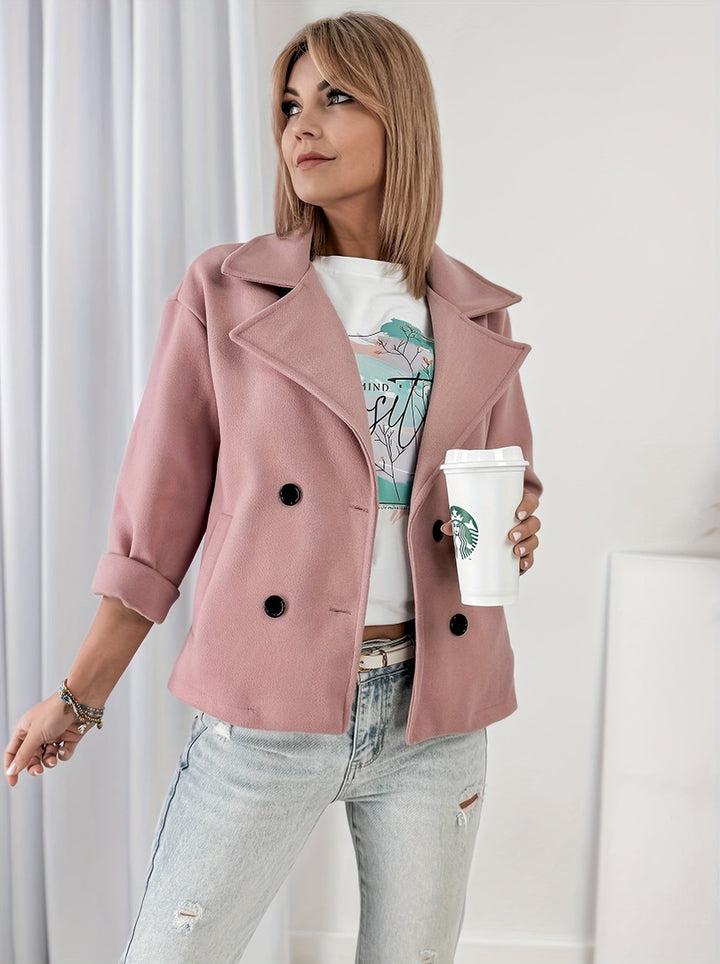 Pink Cropped Pea Coat for Women - Double Breasted Brushed Winter Coat