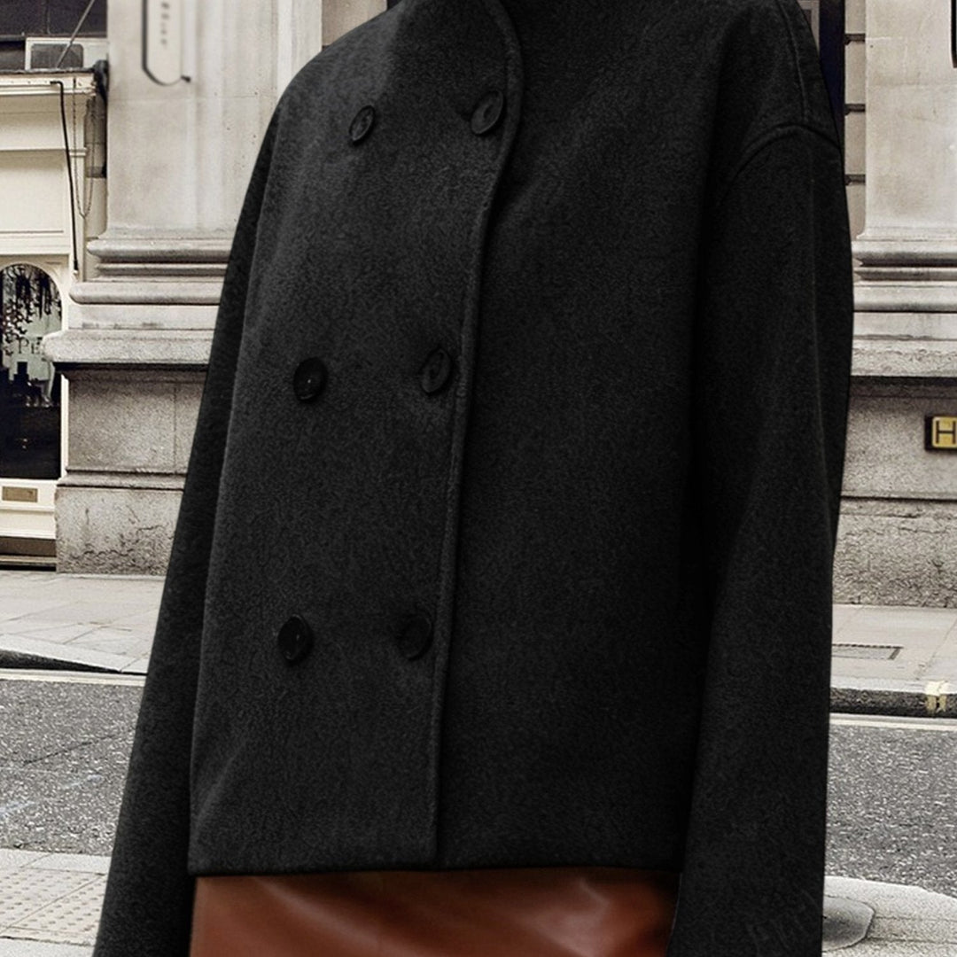 Cropped Wool Pea Coat for Women - Double Breasted Stand Collar Coat