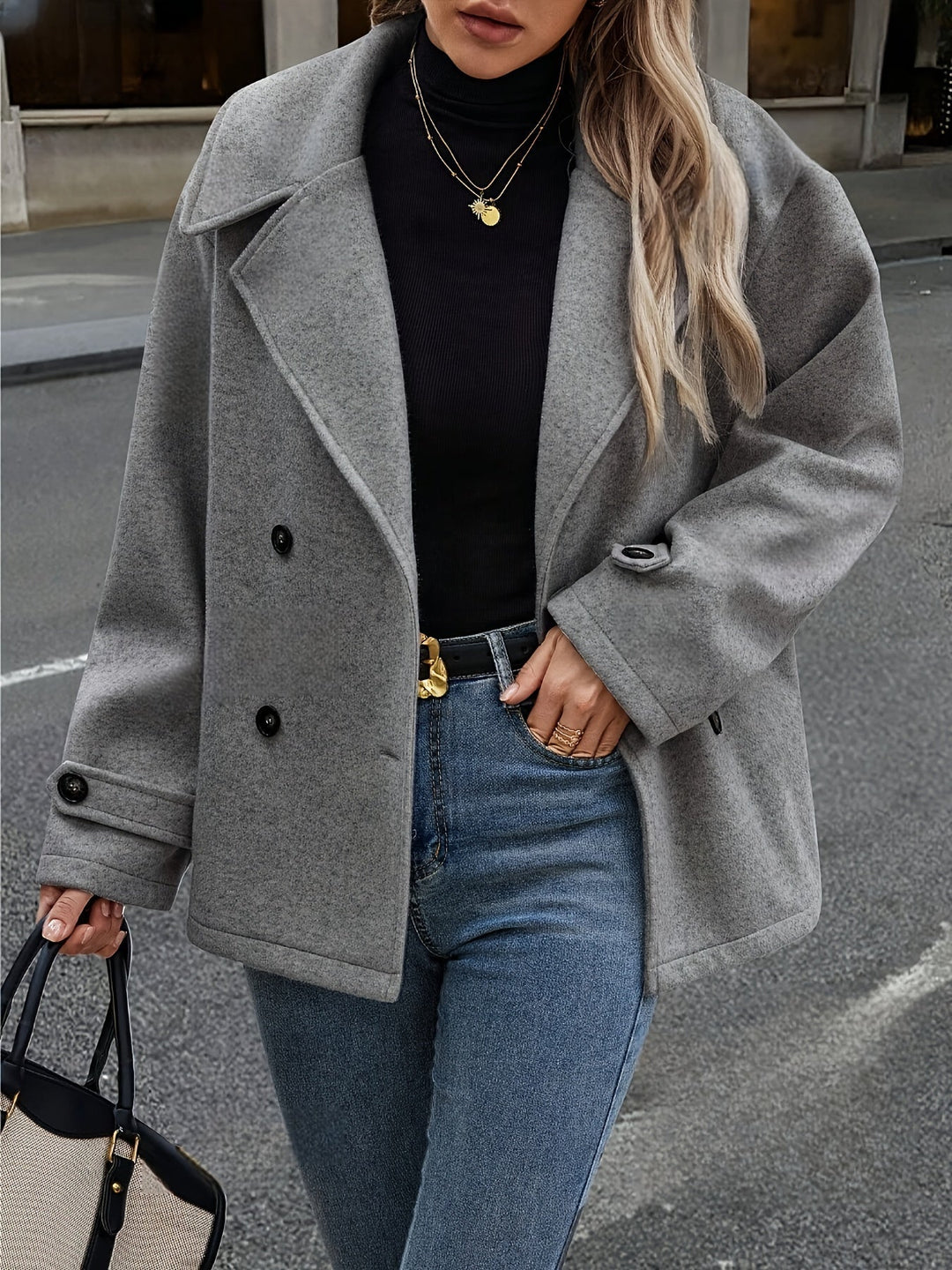 Dark Grey Wool Pea Coat for Women - Double Breasted Oversized Coat