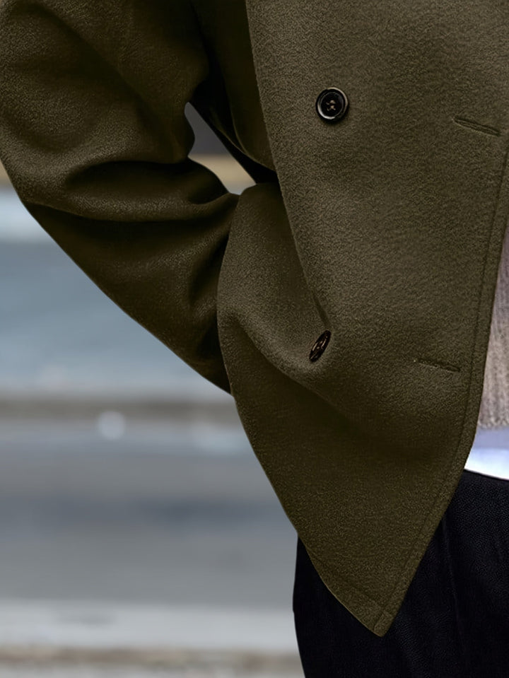 Dark Green Fleece Pea Coat for Women - Double Breasted Relaxed Coat