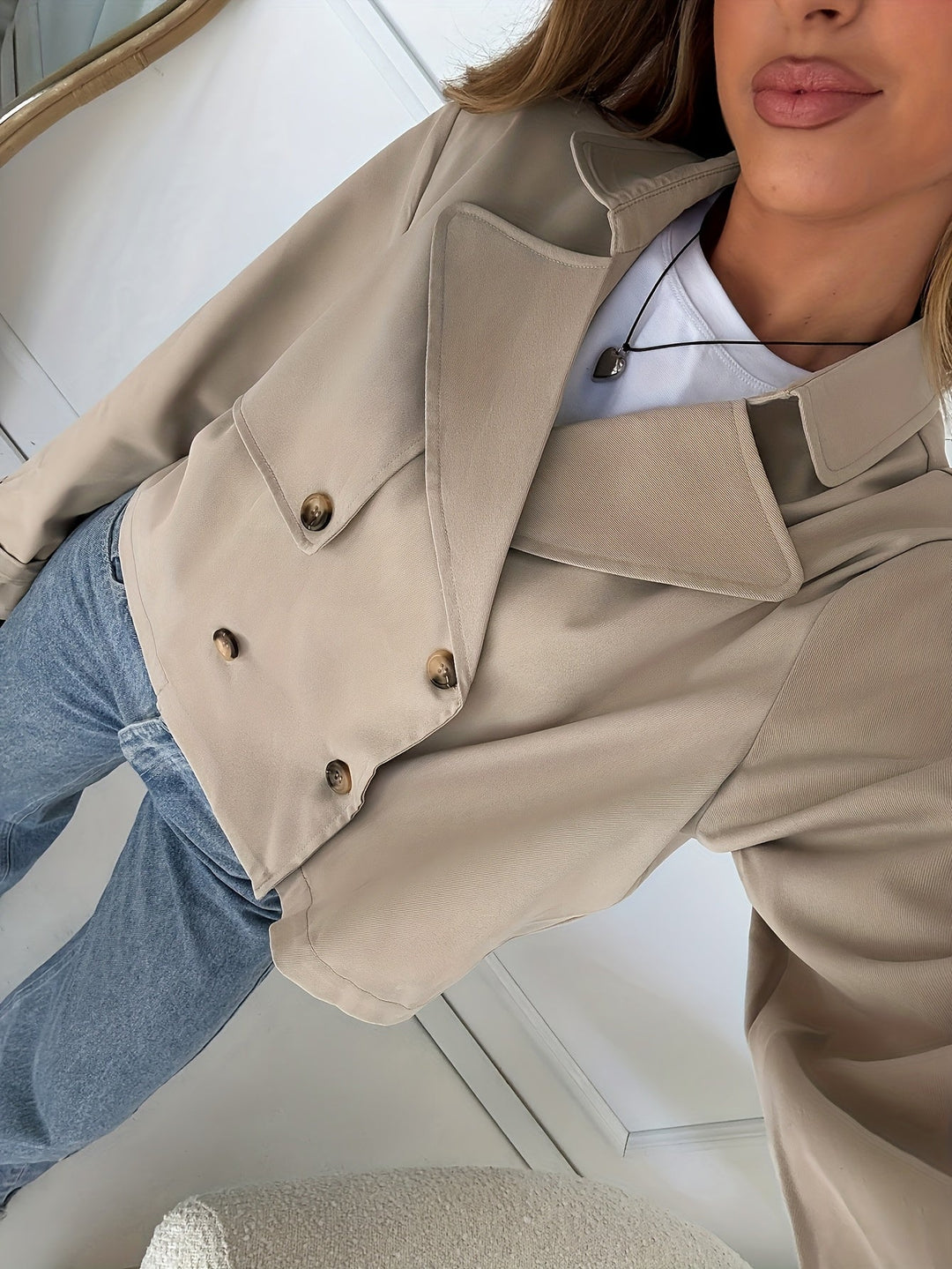 Khaki Faux Leather Pea Coat for Women - Cropped Double Breasted Coat