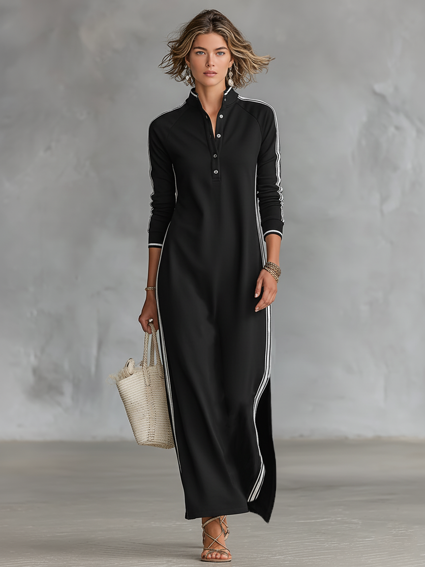Maxi Dress for Women with Button-Down Collar and White Trim