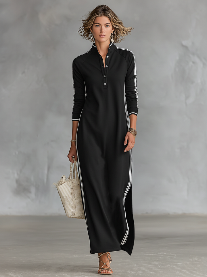 Maxi Dress for Women with Button-Down Collar and White Trim