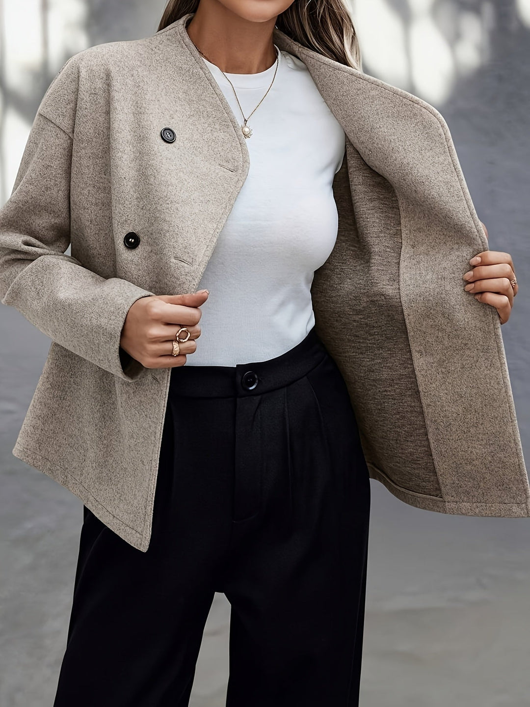 Apricot Wool Pea Coat for Women - Oversized Double Breasted Coat
