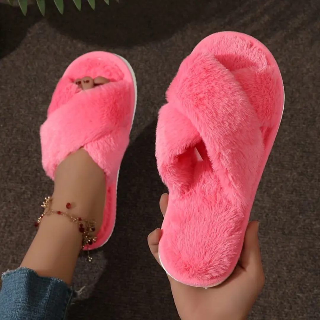 Criss Cross Fuzzy Slippers for Women Cushioned Sole Non Slip