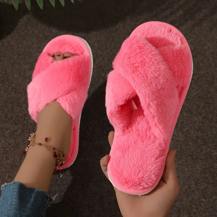 Criss Cross Fuzzy Slippers for Women Cushioned Sole Non Slip