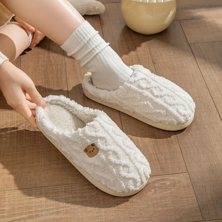 Bear Print Sherpa Slippers for Women Non Slip Cushioned Sole