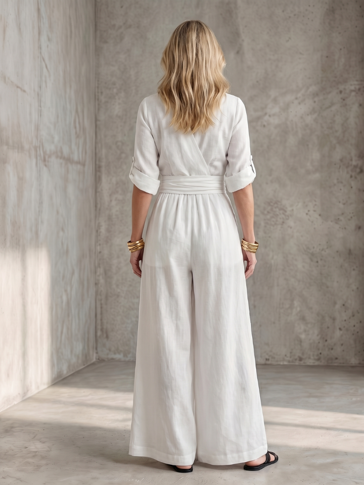 Cross Front Wide Leg Jumpsuit for Women Elbow Sleeve Defined Waist