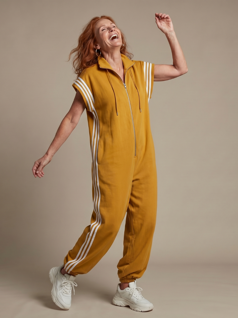Zip Front Jumpsuit for Women Cap Sleeve Side Stripe Panel