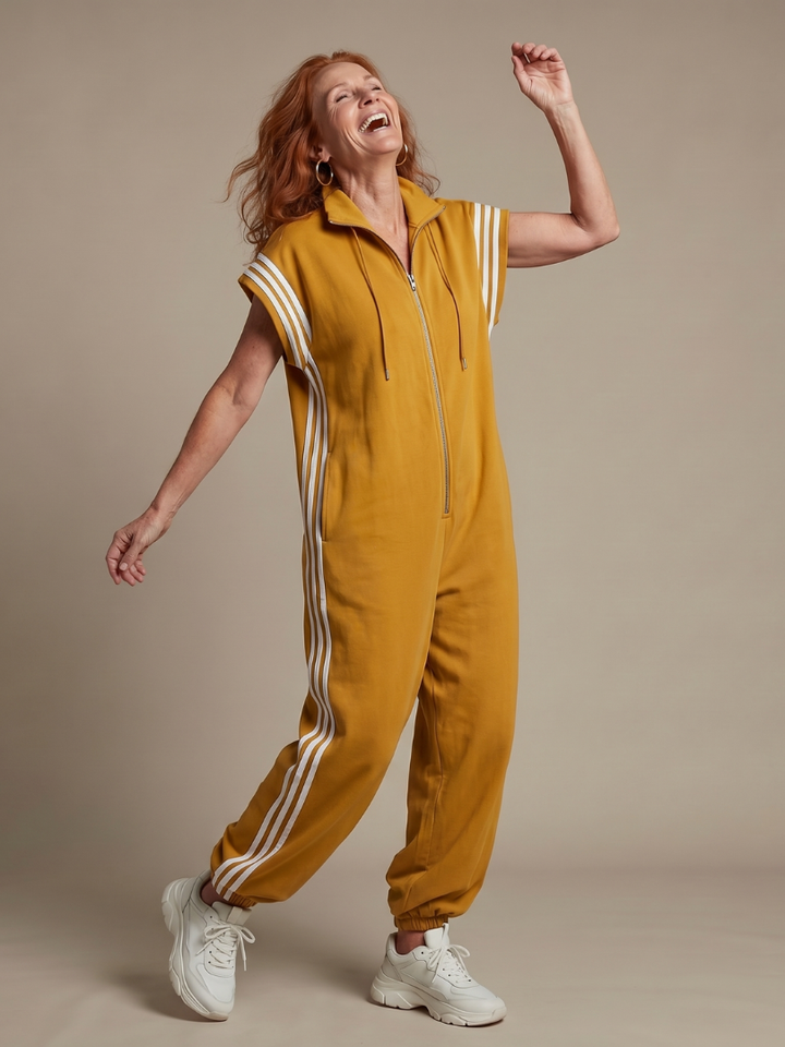 Zip Front Jumpsuit for Women Cap Sleeve Side Stripe Panel