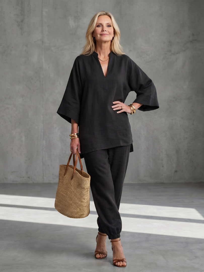 V Neck Tunic Gathered Trouser Set for Women - Black