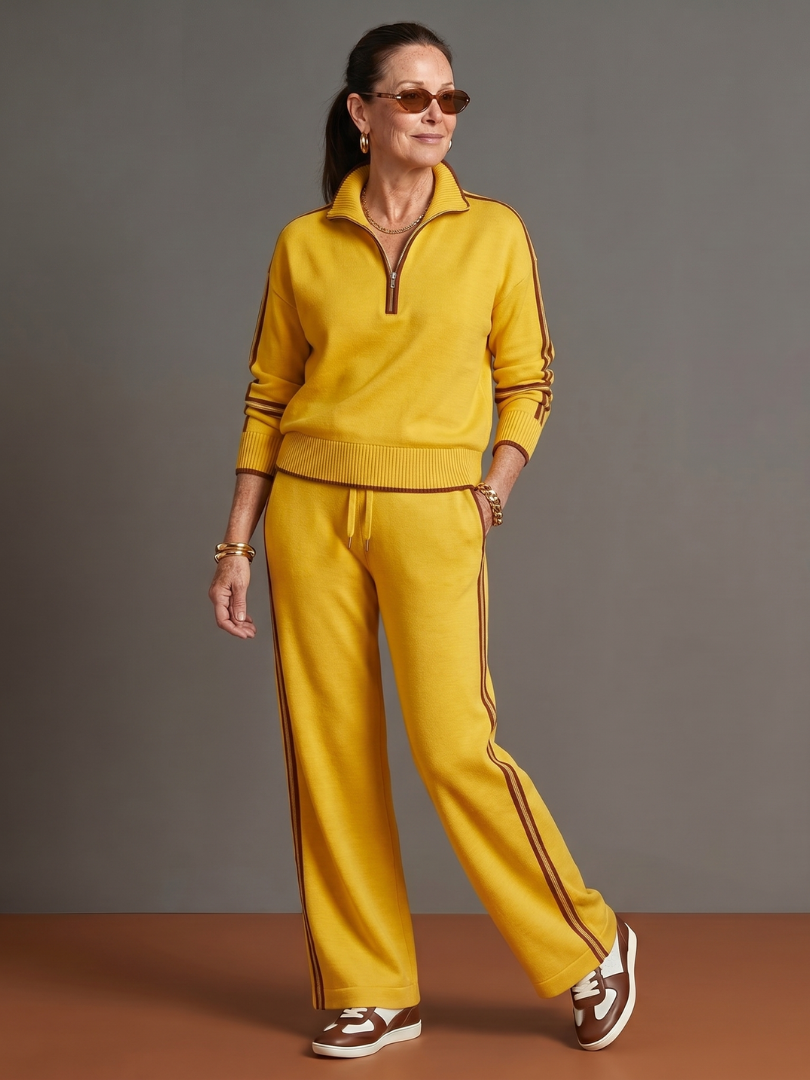 Zip Neck Long Sleeve Knit Top Wide Leg Pant Set for Women - Yellow