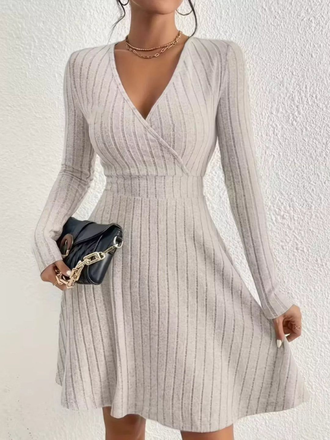 Ribbed Wrap Knit Mini Dress for Women - front view