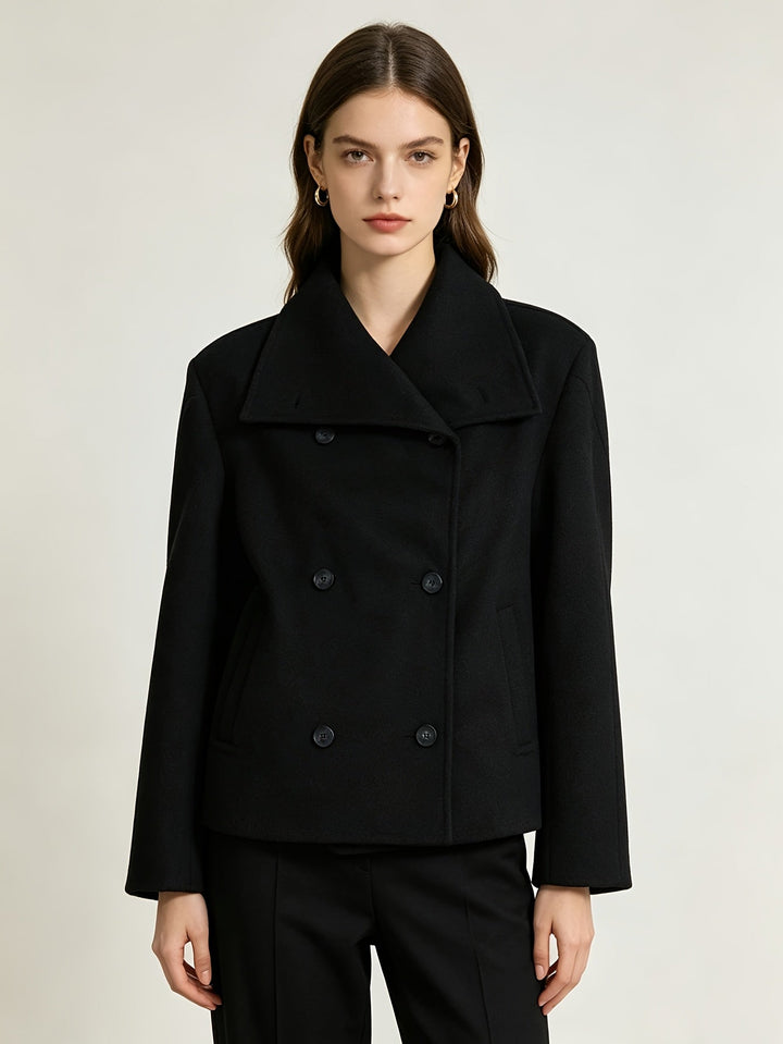 Short Wool Pea Coat for Women - Notch Lapel Double Breasted Jacket