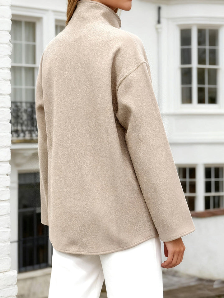 Cropped Wool Pea Coat for Women - Double Breasted Stand Collar Coat