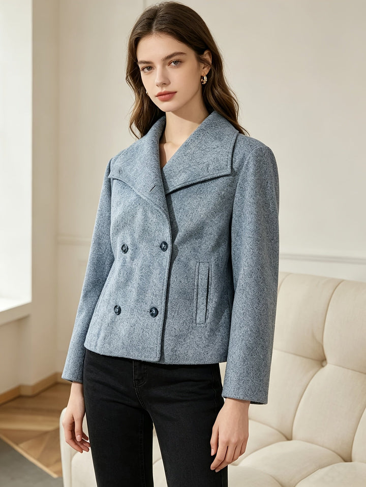Short Wool Pea Coat for Women - Notch Lapel Double Breasted Jacket