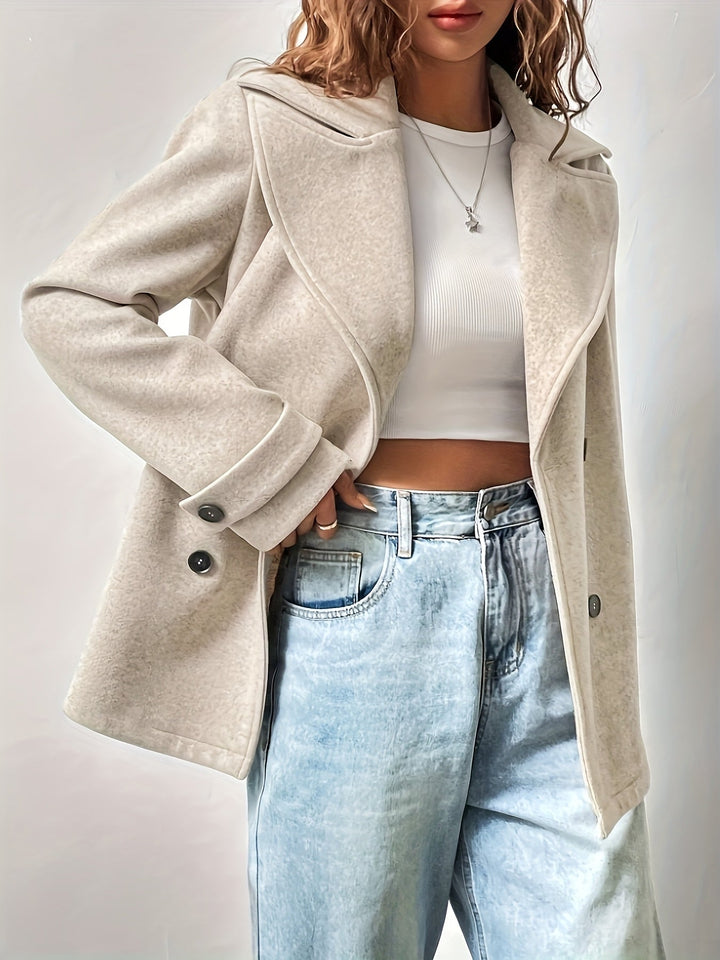 Beige Oversized Pea Coat for Women - Double Breasted Fleece Coat
