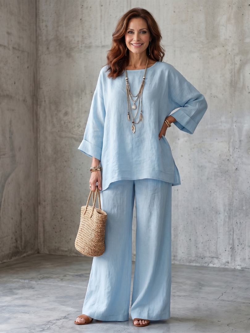 Oversized Tunic Wide Leg Pant Set for Women - Blue