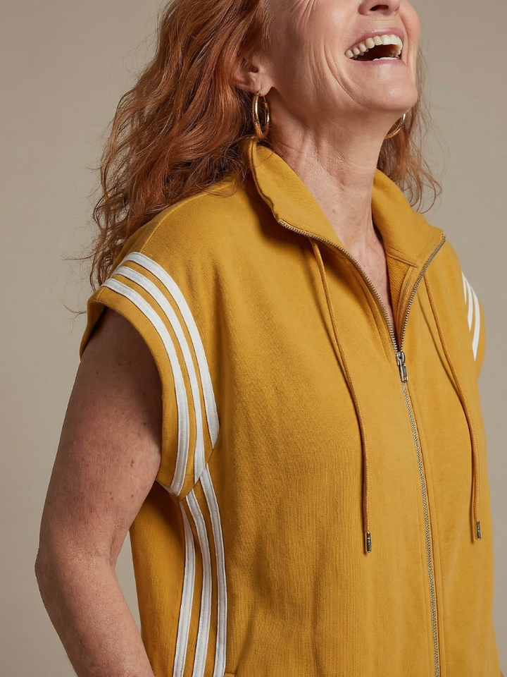 Zip Front Jumpsuit for Women Cap Sleeve Side Stripe Panel