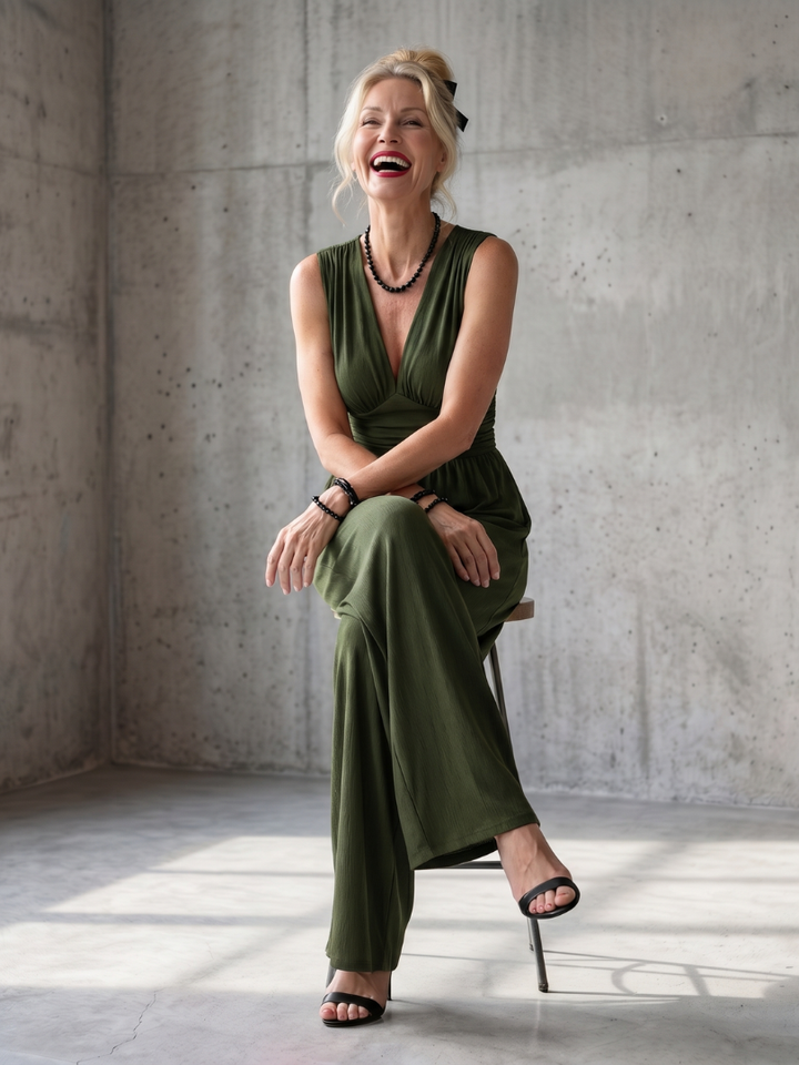 Deep V Neck Sleeveless Jumpsuit for Women Wide Leg Defined Waist