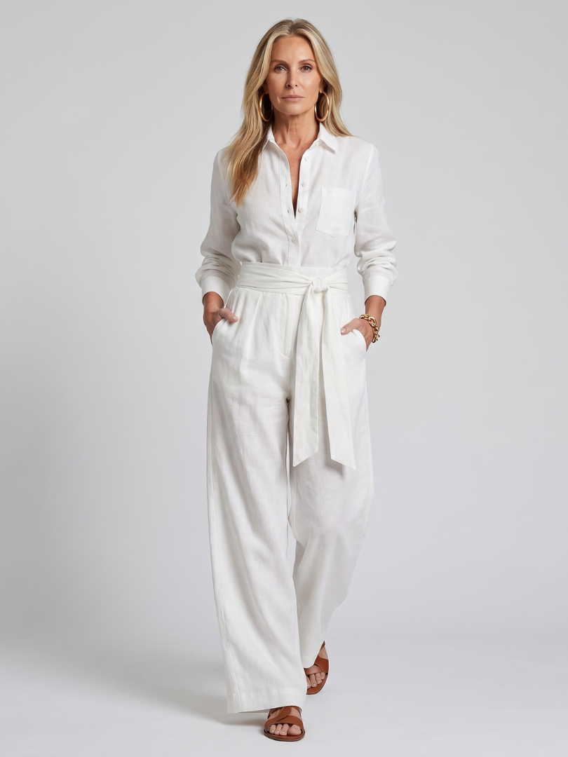 Collared Button Front Jumpsuit for Women Long Sleeve Wide Leg