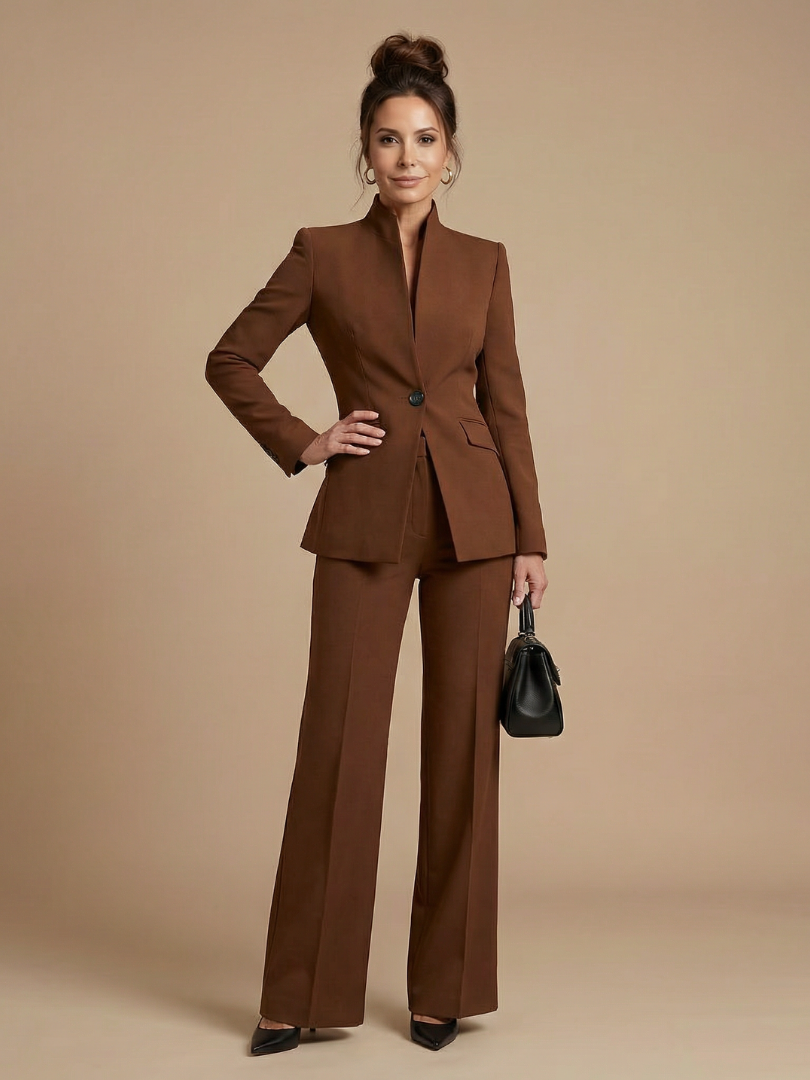 Structured Stand Collar Tailored Suit for Women - Brown