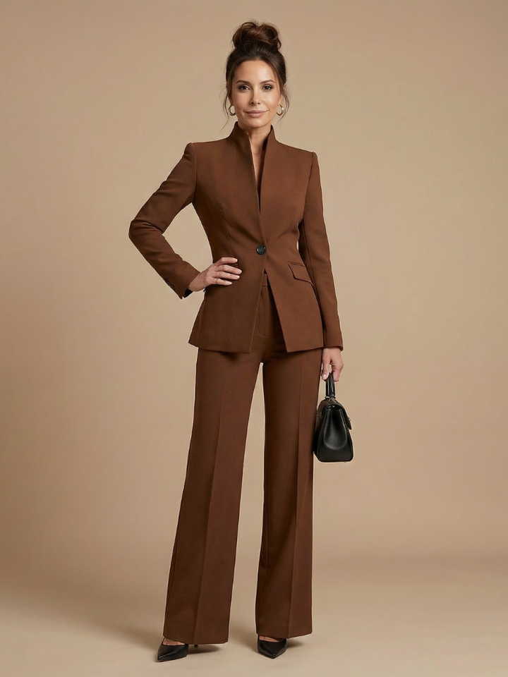 Structured Stand Collar Tailored Suit for Women - Brown