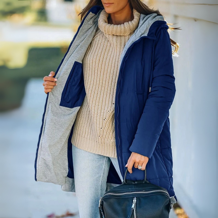 Hooded Longline Puffer Jacket for Women - Drawstring Waist Coat