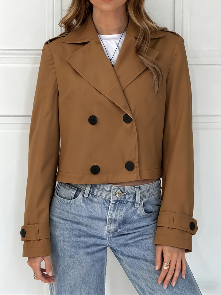 Brown Cropped Pea Coat for Women - Double Breasted Short Winter Coat