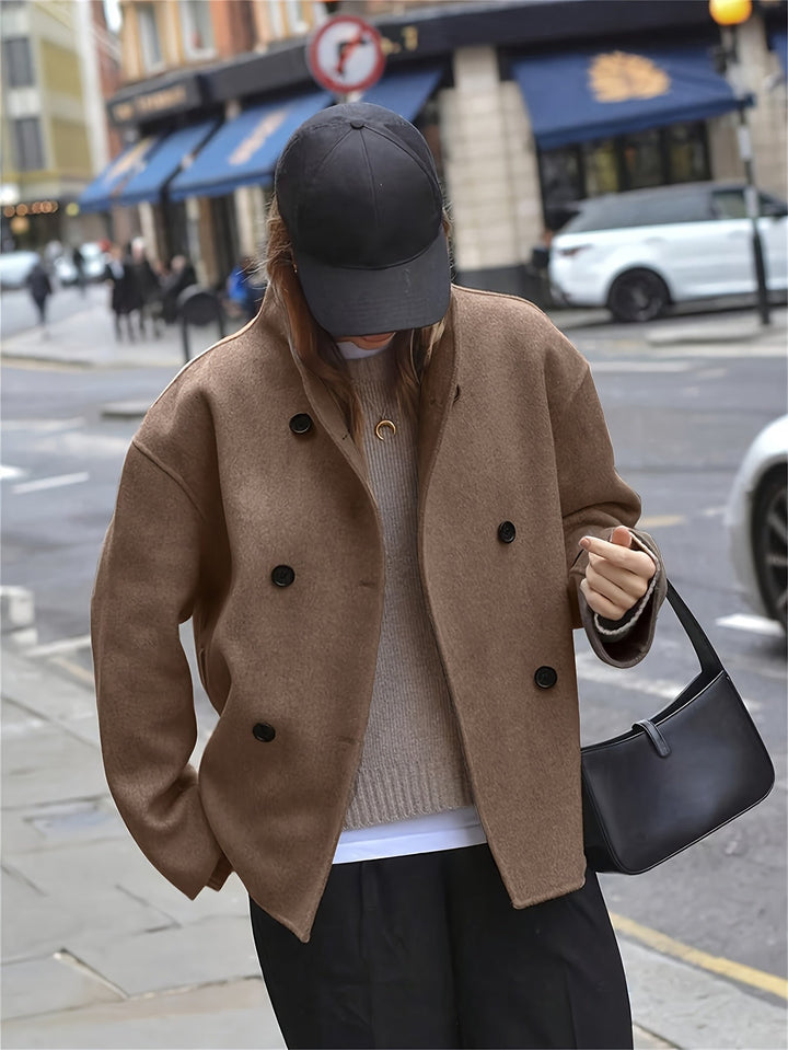 Camel Wool Pea Coat for Women - Oversized Double Breasted Winter Coat