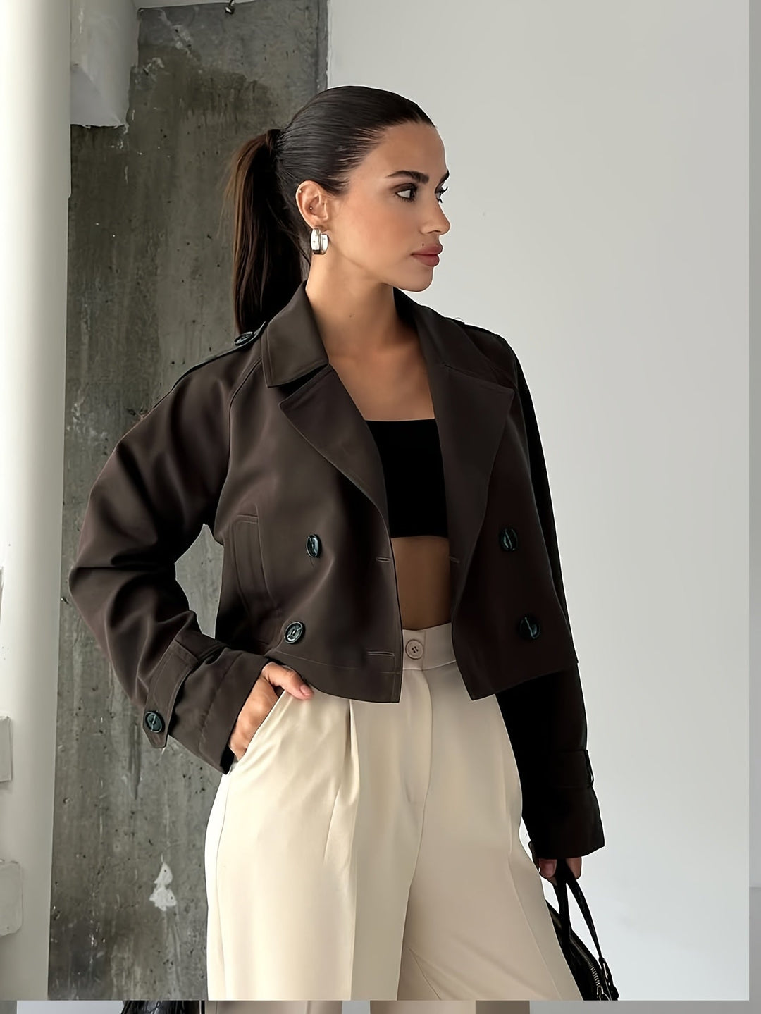 Coffee Brown Cropped Pea Coat for Women - Double Breasted Short Coat