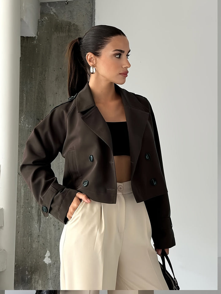 Coffee Brown Cropped Pea Coat for Women - Double Breasted Short Coat