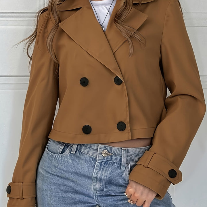 Brown Cropped Pea Coat for Women - Double Breasted Short Winter Coat