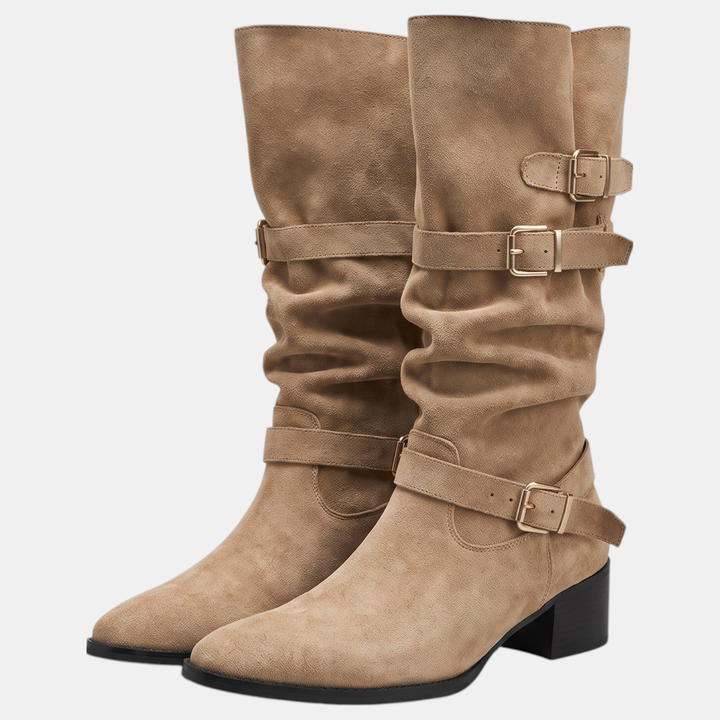 Women's triple buckle knee-high slouch boots in khaki - view 1