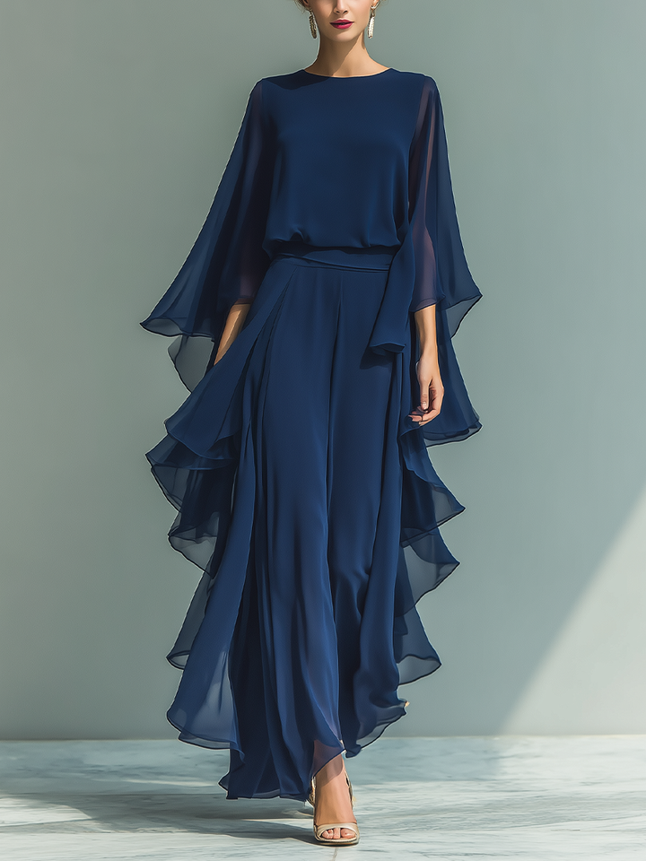 Navy Blue Top Set with Flared Sleeves and Straight Leg Pants with Ruché Details