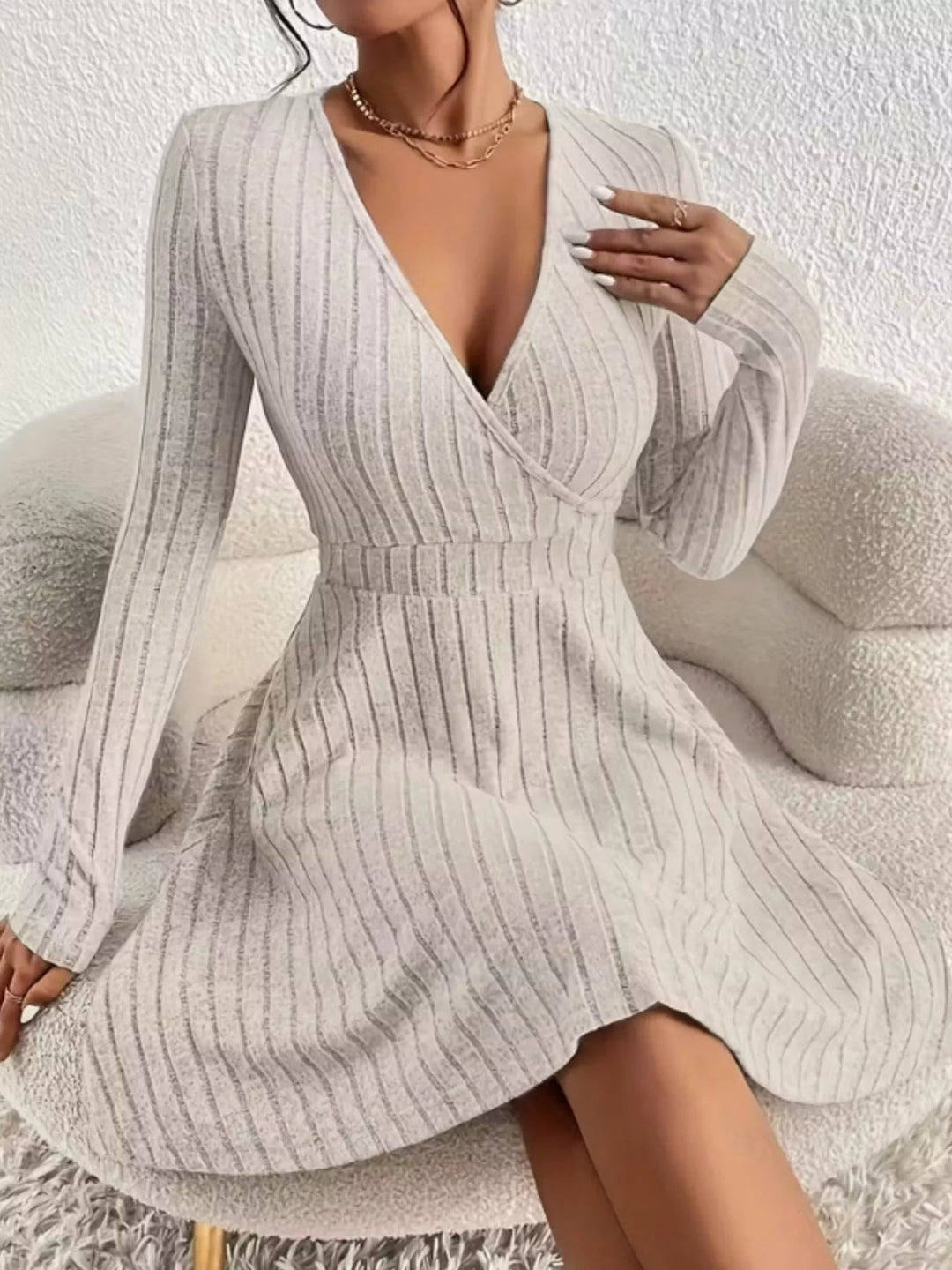 Ribbed Wrap Knit Mini Dress for Women - detail view