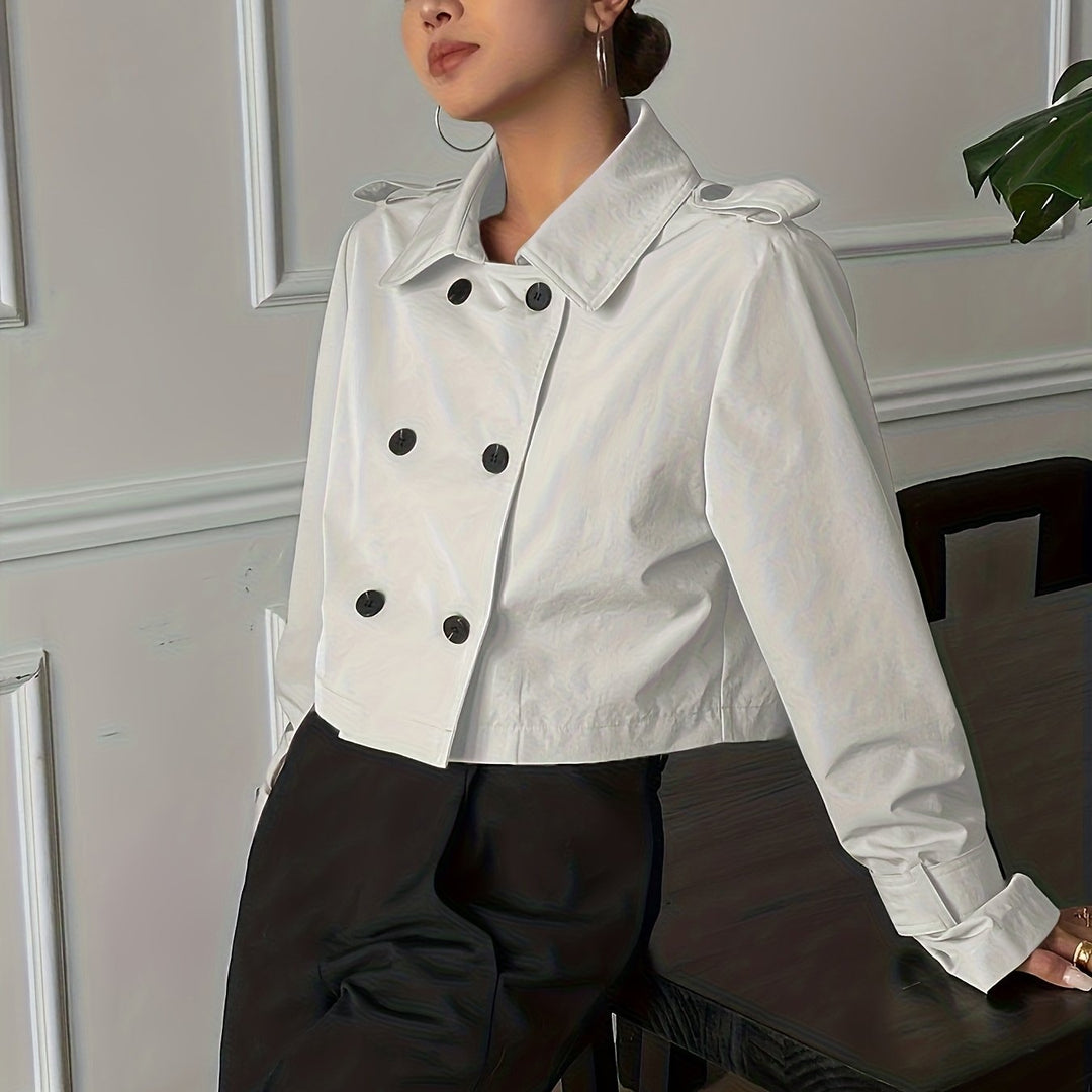 Khaki Cropped Pea Coat for Women - Double Breasted Notch Lapel Coat