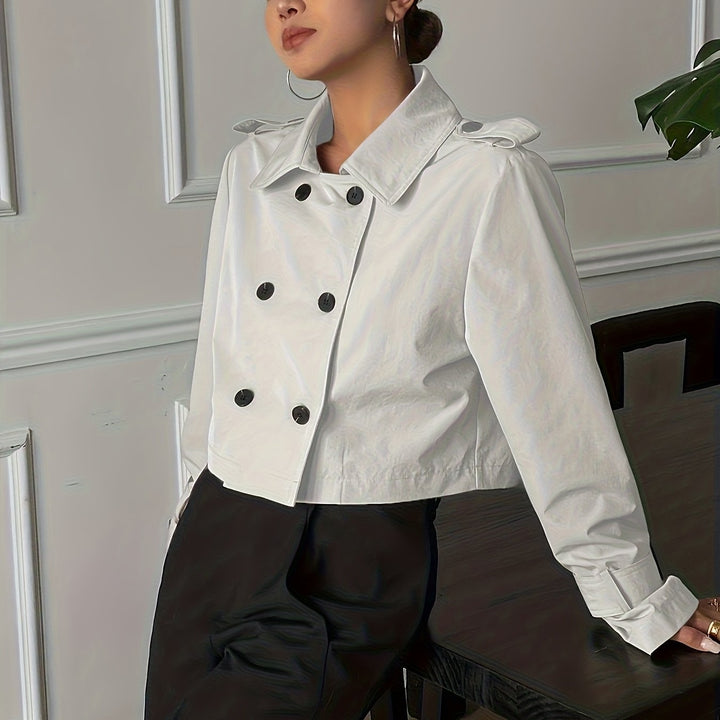 Khaki Cropped Pea Coat for Women - Double Breasted Notch Lapel Coat