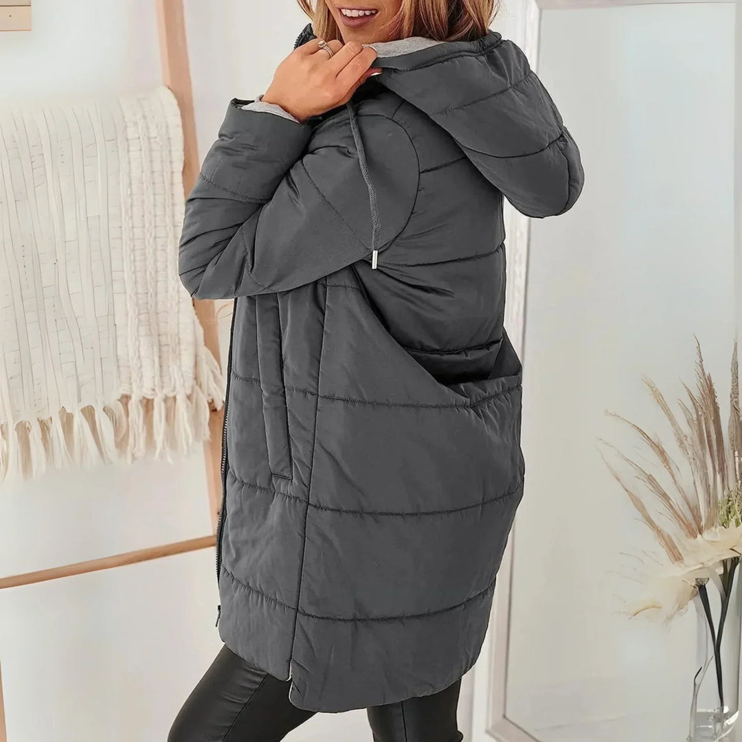 Hooded Longline Puffer Jacket for Women - Drawstring Waist Coat